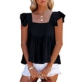 thumbnail image 1 of Gaukiv Womens Blouses Square Neck Ruffle Sleeve Gathered Hem Summer Tunic Tops Black M, 1 of 4