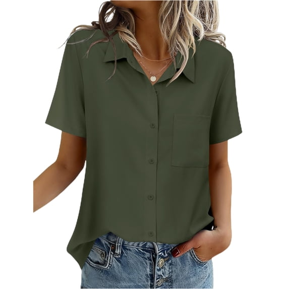 Gaukiv Womens Casual Shirts Collared Short Sleeve Blouse Summer Tops Army Green L