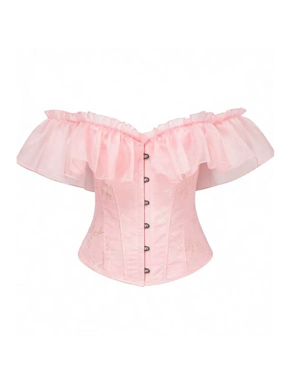 Womens Corset Tops Off Shoulder Ruffle Bustier Lace Up Shapewear Flared Sleeve Silhouette Adjustable Back Lacing Structured Boning Pink L