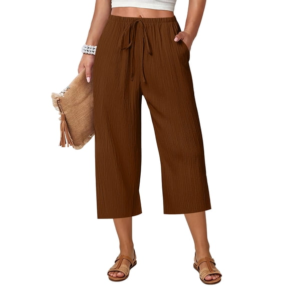 Gaukiv Womens Crinkle Capri Pants Relaxed Drawstring Wide Leg Crop Coffee M