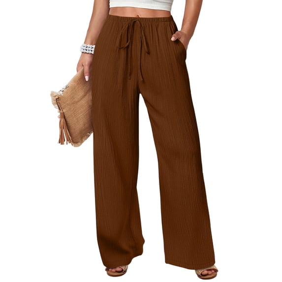 Gaukiv Womens Crinkle Pants Wide Leg Palazzo Bottoms Drawstring Waist Coffee S
