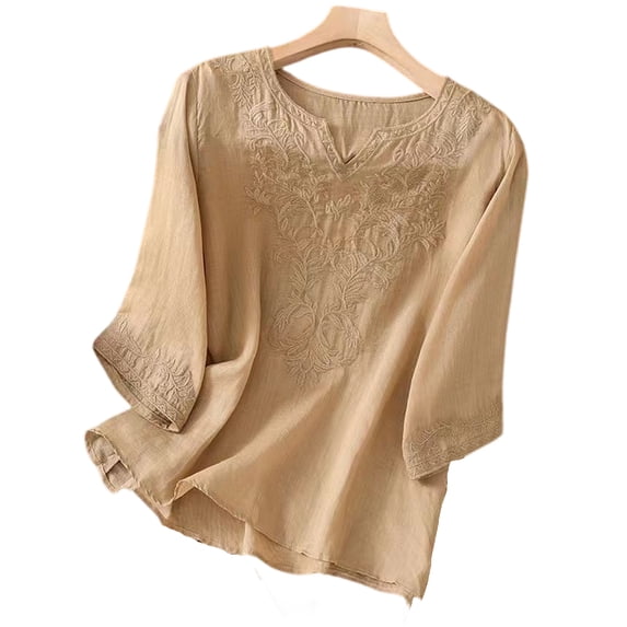 Gaukiv Womens Embroidered Shirts,Three Quarter Length Sleeve Tops Split Neckline Blouses Camel 3XL