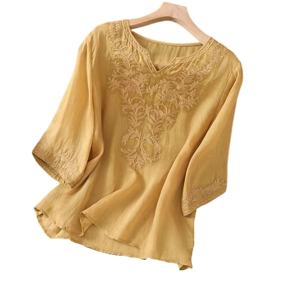 Gaukiv Womens Embroidered Shirts,Three Quarter Length Sleeve Tops Split Neckline Blouses Yellow L