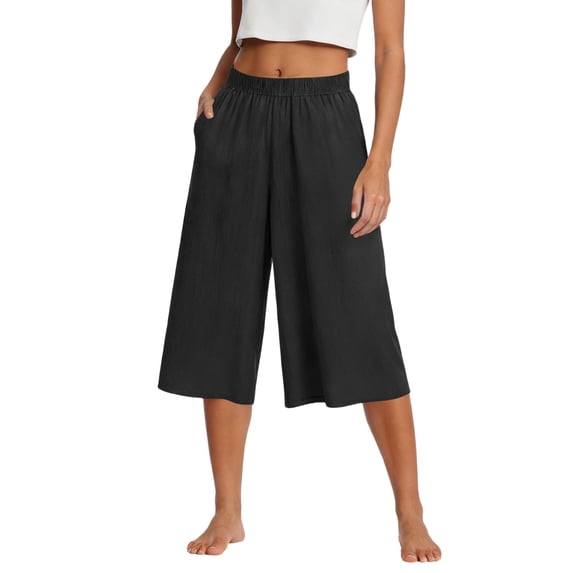 Gaukiv Womens Gauze Wide Leg Cropped Pants Pull On Elastic Waist Summer Trousers Black M