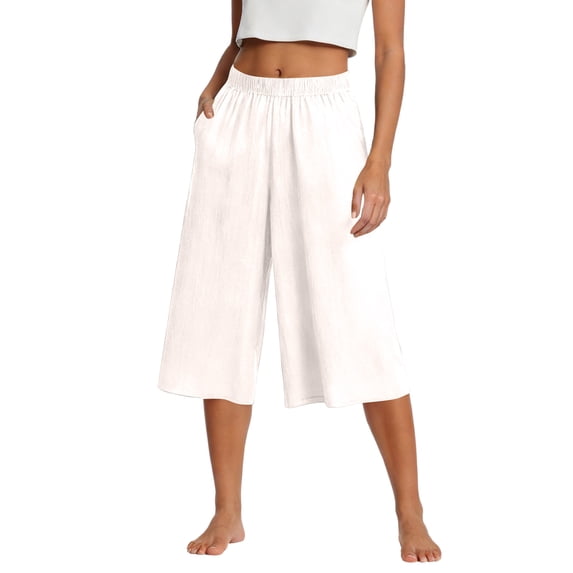 Gaukiv Womens Gauze Wide Leg Cropped Pants Pull On Elastic Waist Summer Trousers White XL