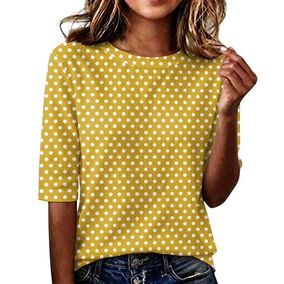Gaukiv Womens Half Length Sleeve Tops Polka Dot Shirts Crew Neckline Blouses Yellow M