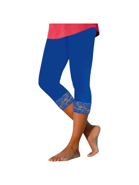 Womens Lace Trim Capris Stretch Fit Cropped Leggings Blue S