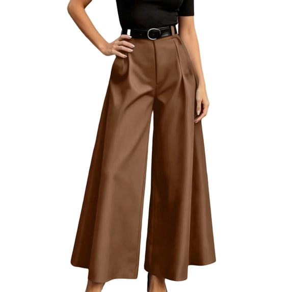 Gaukiv Womens Pleated Wide Trousers Casual Business Wide Leg Pants Coffee L