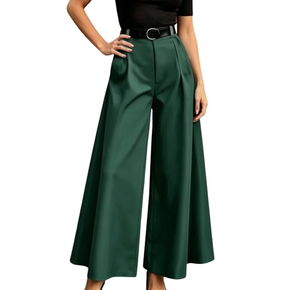 Gaukiv Womens Pleated Wide Trousers Casual Business Wide Leg Pants Dark Green L