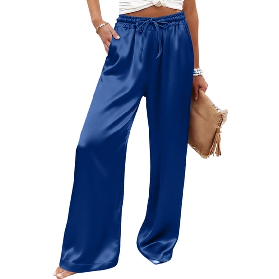 Gaukiv Womens Satin Drawstring Pants Silky Wide Leg Lounge Trousers Purple S
