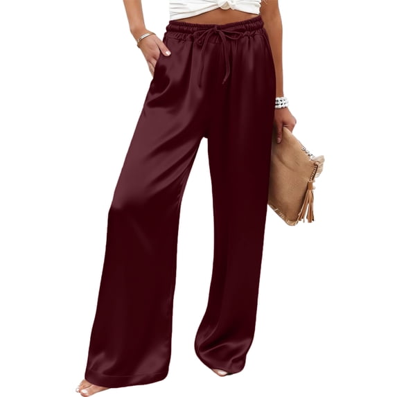 Gaukiv Womens Satin Drawstring Pants Silky Wide Leg Lounge Trousers Wine L