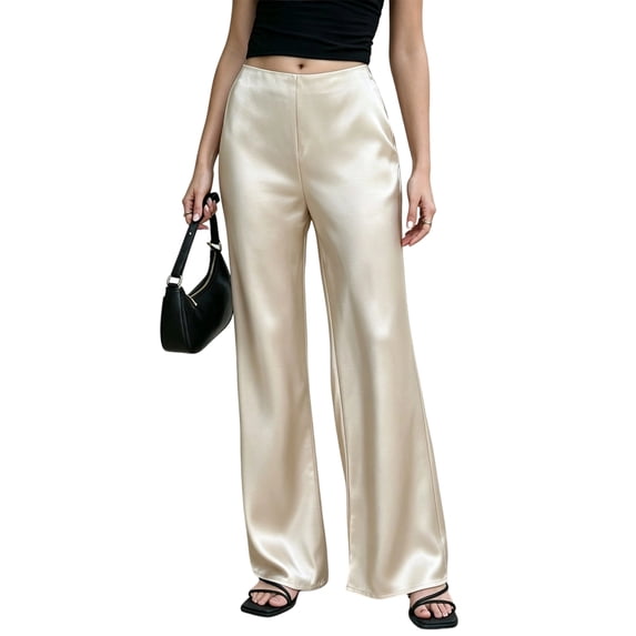 Gaukiv Womens Satin Straight Pants High Rise Drape Trousers Beige M