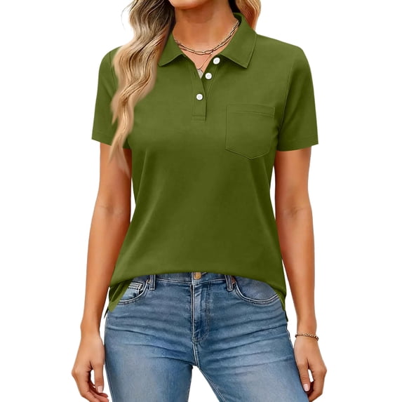 Gaukiv Womens Shirts Collared Neckline Short Sleeve Side Slit Blouses Relaxed Tops Army Green M