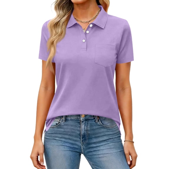 Gaukiv Womens Shirts Collared Neckline Short Sleeve Side Slit Blouses Relaxed Tops Light Purple L