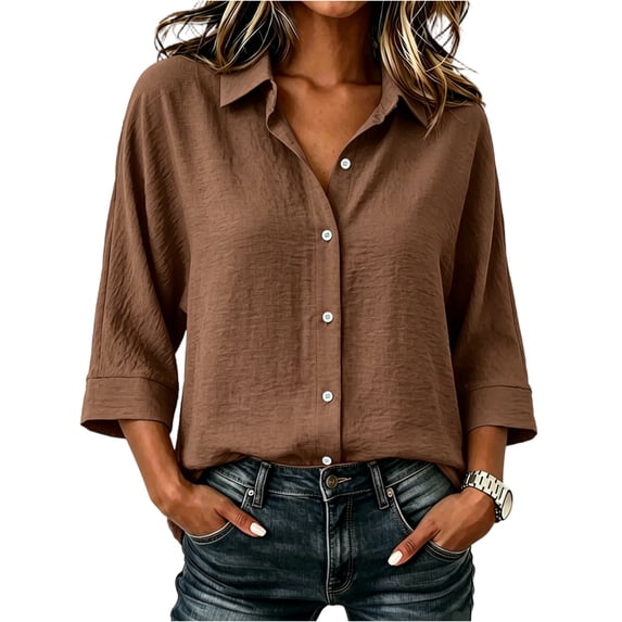 Gaukiv Womens Shirts Three Quarter Sleeve Collared Blouse Loose Fit Summer Tops Coffee S