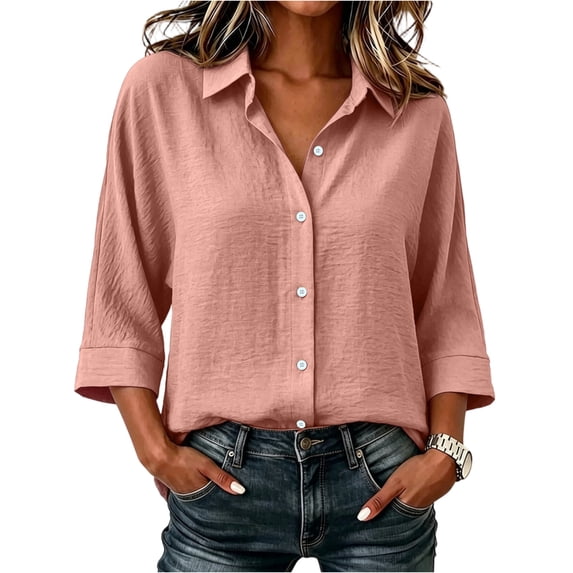 Gaukiv Womens Shirts Three Quarter Sleeve Collared Blouse Loose Fit Summer Tops Pink L