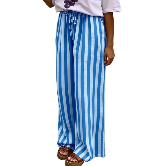 Gaukiv Womens Striped Wide Leg Pants Drawstring Waist Loose Lounge Trousers Royal Blue L