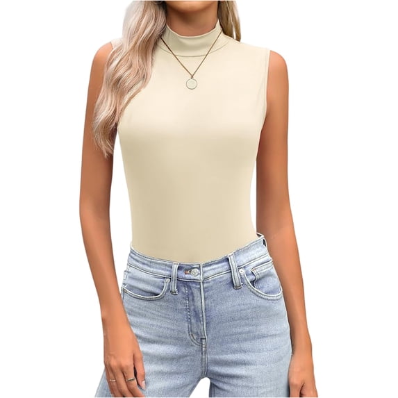 Gaukiv Womens Tank Tops Mock Neck Sleeveless Stretch Blouses Slim Basic Layering Shirts Beige S