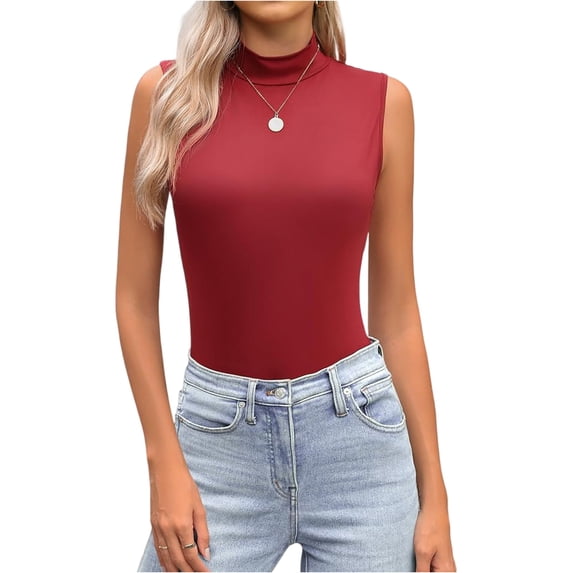 Gaukiv Womens Tank Tops Mock Neck Sleeveless Stretch Blouses Slim Basic Layering Shirts Red L