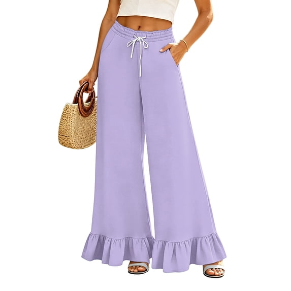 Gaukiv Womens Wide Leg Pants Smocked Waist Ruffle Hem Trousers Purple L