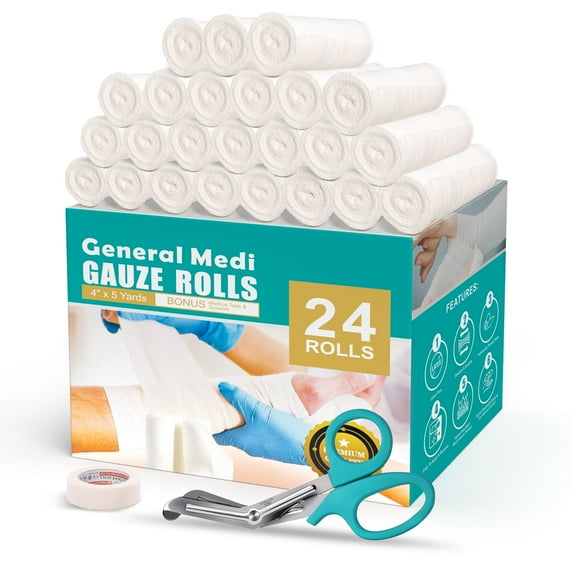 Gauze Bandage Roll (24-Pack) with Bonus Tape + Scissors, 4" x 5 Yards