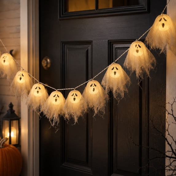Gauze Ghost String Lights 20 Pack Battery Powered LED Halloween Garland for Mantel Window Shelf Indoor Decor Spooky Glow Party Accent