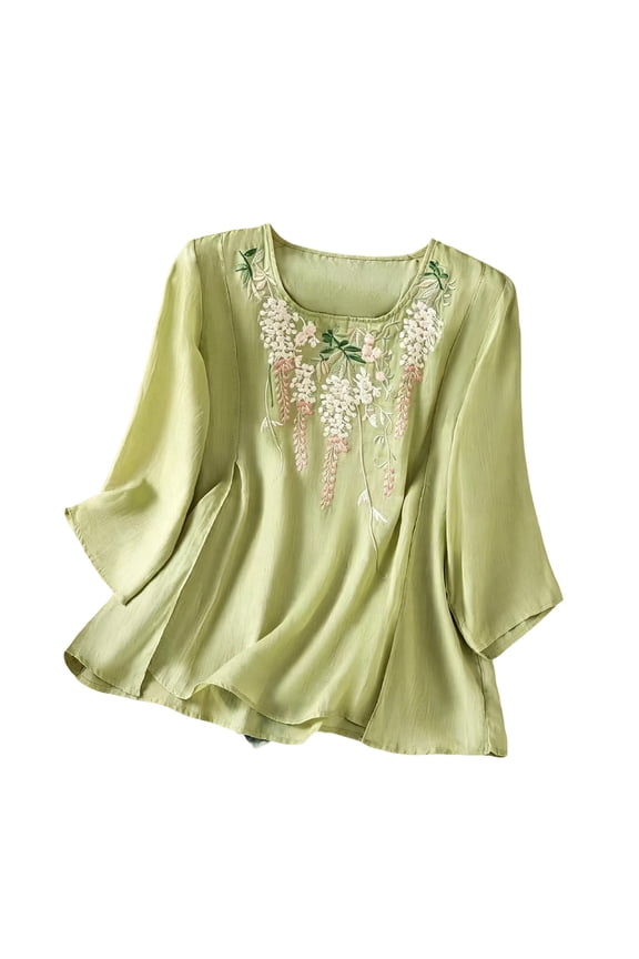 Gauze Linen Blouse for Women Trendy 3/4 Sleeve Embroidered Cotton Shirts Tops Peasant Blouses Summer Boxy Tunics