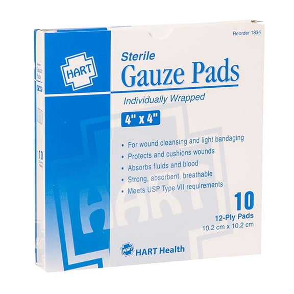 HART Health Gauze Pads, 4" x 4", 10/Box