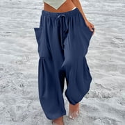 Gauze Pants for Women Plus Size Wide Leg Linen Ankle Length High Waisted Elastic Waist Gaucho Pants Petite Drawstring Work Trouserswith Pockets Dark Blue L