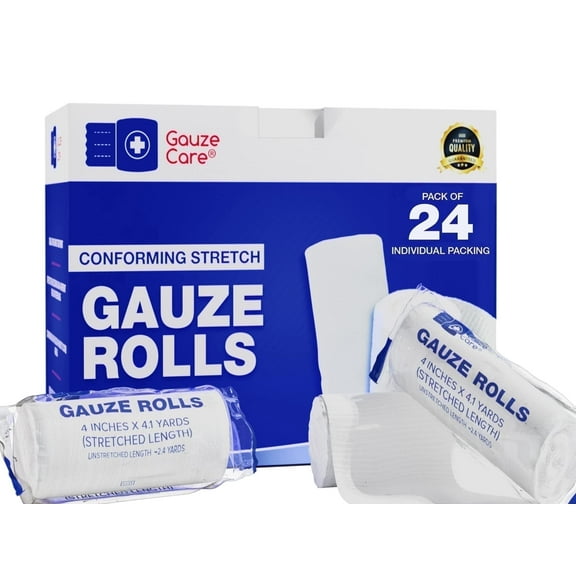 Gauze Rolls 24-Pack – 4" x 4.1 yd, Lint and Latex-Free, Conforming Stretch Bandages for First Aid and Wound Care