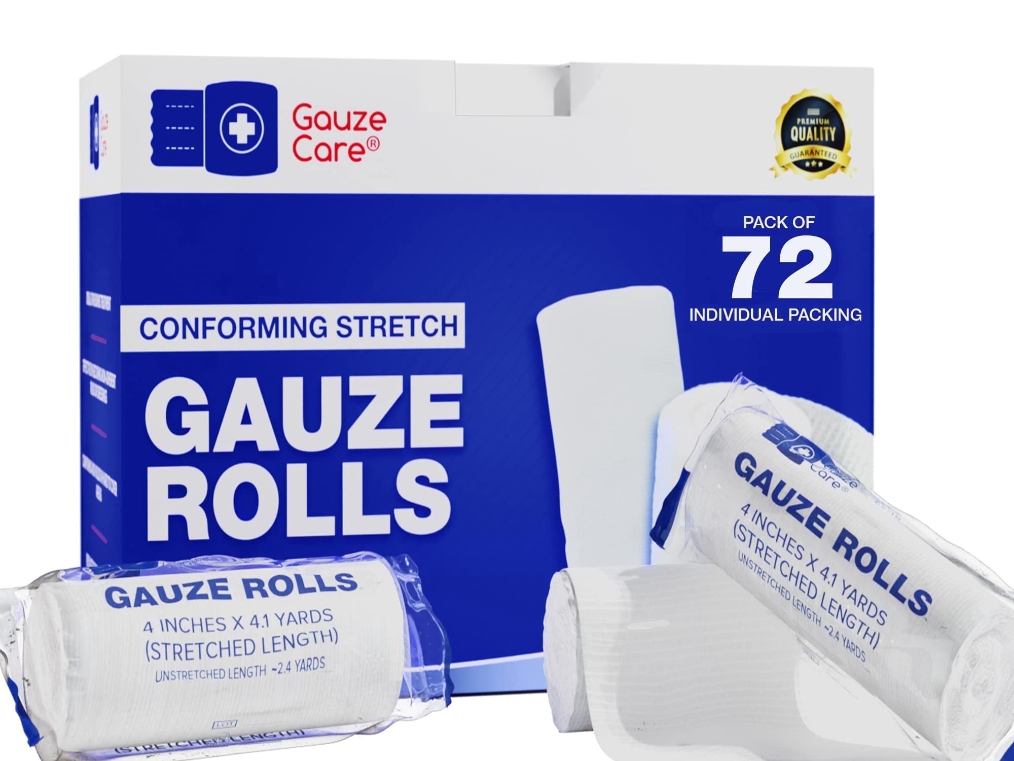 Gauze Rolls 72-Pack – 4" x 4.1 yd, Lint and Latex-Free, Conforming Stretch Bandages for First Aid and Wound Care
