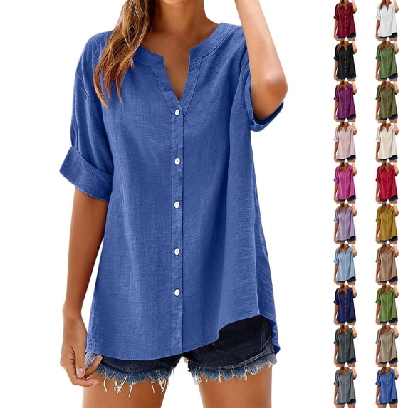 Gauze Shirts for Women Cotton Linen Tops 3/4 Sleeve V Neck Boho Oversized Button Down Blouses Solid Color Comfy Casual Tunics Spring Summer Trendy Outfits Workout Work Loose Fit Vacation Clothes JN