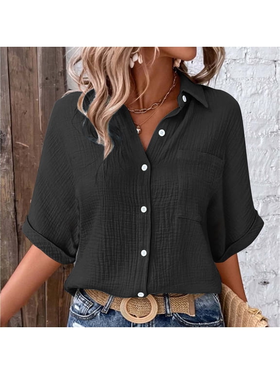 Gauze Shirts for Women Crinkle Gauze Tops Gauze Blouse Womens Linen Shirt Linen Blouses Loose Fit Short Sleeve Shirts Collared Loose Fit Work Blouse Gauzy Tops Short Sleeve Black M