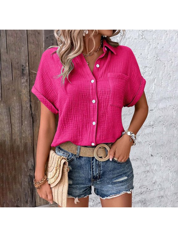 Gauze Shirts for Women Dressy Casual Flowy Button Down Shirts Collared Loose Fit Work Blouse Textured Collared Womens Linen Shirt Crinkle Gauze Tops Linen Shirt Women Plus Size Shirts Hot Pink L