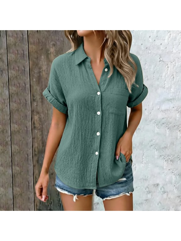 Gauze Shirts for Women Flowy Button Down Shirts Crinkle Gauze Tops Roll Sleeve Linen Blouses Button Down Shirts Womens Linen Shirt Gauze Blouse Pullover Shirts Cotton Blouses Green S