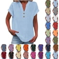 thumbnail image 1 of Gauze Shirts for Women Short Sleeve Button Down Blouse Linen Blend Summer Tops Casual V Neck Peasant Shirts Womens Tops Beach Vacation Tees Linen Clothes Trendy Loose Cute Beach Tunic Tops Beige, 1 of 6