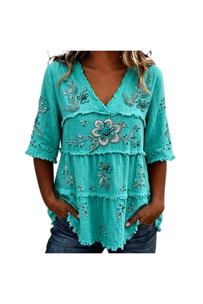 Gauze Shirts for Women,v Neck 3/4 Sleeve Tops V Neck Trendy Linen Shirt Breathable Tee Shirt Flowy Boho Top Loose Fit Fringe Top Gauze Shirts Ruffle Raw Edge Hem 3/4 Sleeve Tops,Mint Green,XL