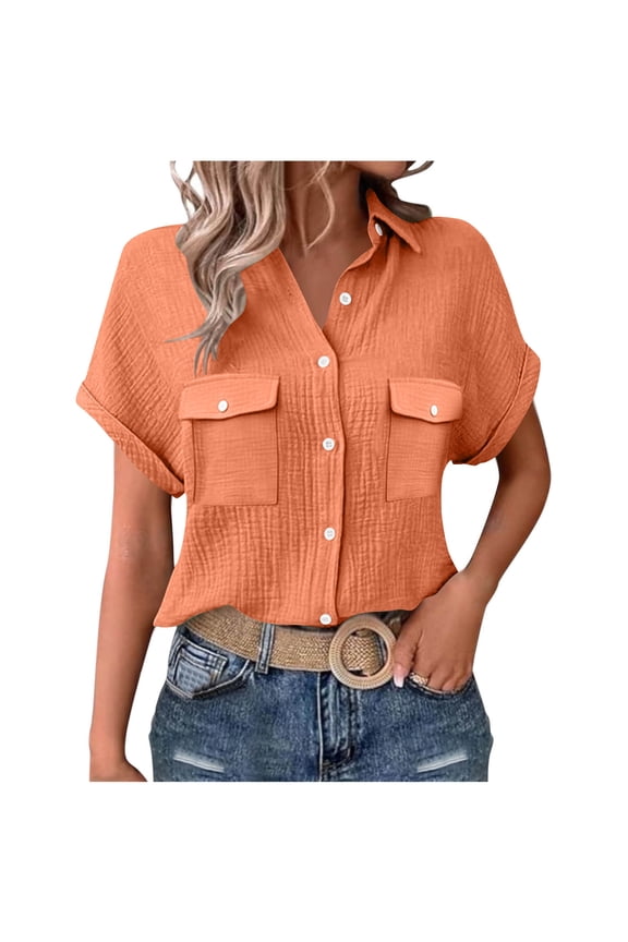 Gauze Shirts for Women Button Down Dress Shirts Casual Short Sleeve Textured Collared Summer Work Blouse Camping Clothes with Pockets