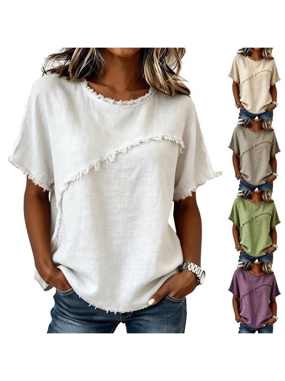 Gauze Shirts for Women Casual Crew Neck Short Sleeve Tops Lightweight Loose Boho Blouses Summer Beach Vcation Outfits White S