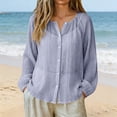 thumbnail image 1 of Gauze Shirts for Women Cotton Linen Beach Cover up Long Sleeve V Neck Button Down Crinkle Breathable Summer Navy XXL, 1 of 7