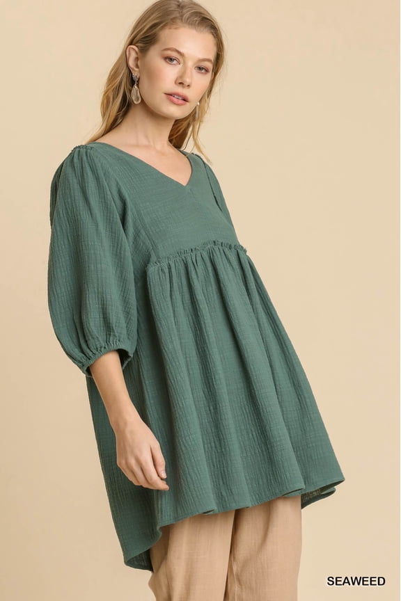 Gauze Slub V-neck Frayed Edge Detail Tunic Dress Seaweed S