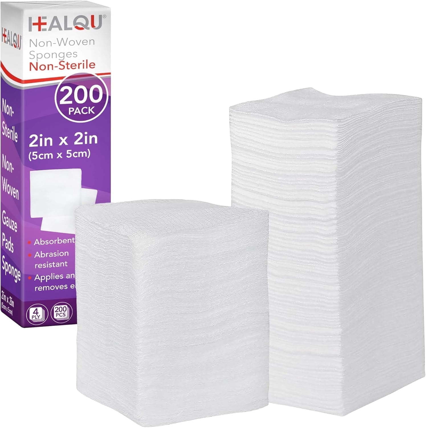 HEALQU Gauze Pads 2"x2" - 200-Pack, 4-Ply Non-Woven Sponges Non-Sterile, All-Purpose Dental and Surgical Sponges Including First Aid Kits and Medical Facilities