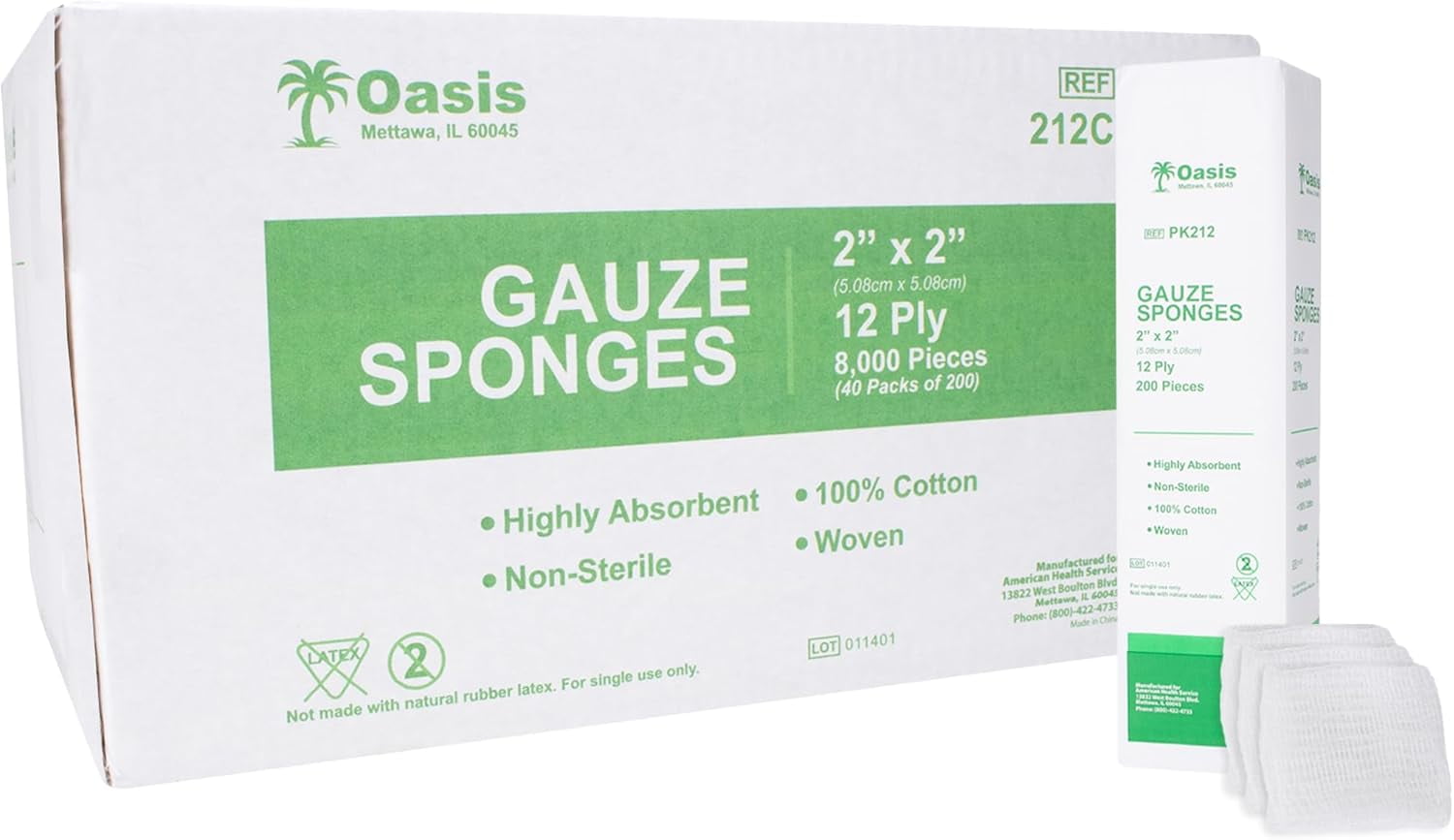Oasis 2 x 2 inch Gauze Sponges, 100% Cotton, 12-Ply Woven Non-Sterile Gauze, 1 Case of 8000