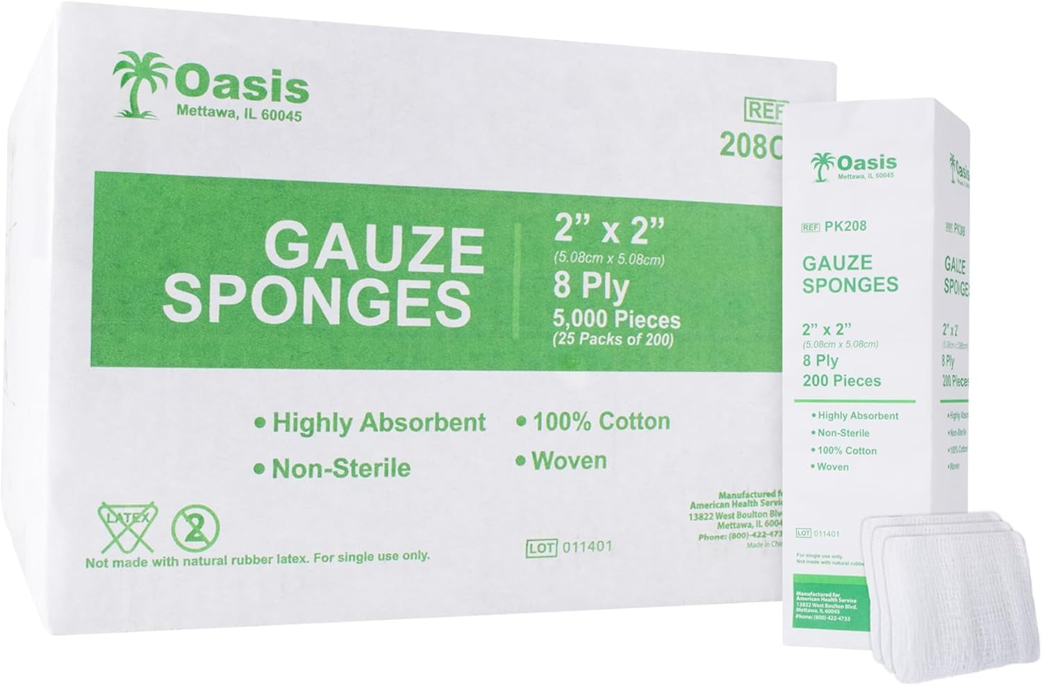 Oasis 2 x 2 inch Gauze Sponges, 100% Cotton, 8-Ply Woven Non-Sterile Gauze, 1 Case of 5000