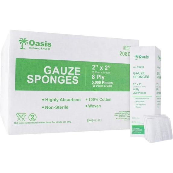 Oasis 2 x 2 inch Gauze Sponges, 100% Cotton, 8-Ply Woven Non-Sterile Gauze, 1 Case of 5000