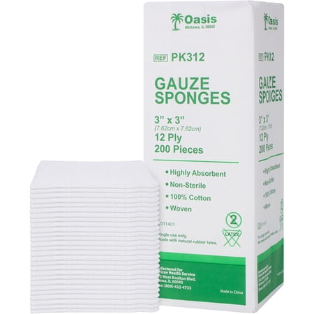 Oasis Gauze Sponges, 100% Cotton, Woven Non-Sterile Gauze (Pack of 200) (3"x3", 12-Ply)