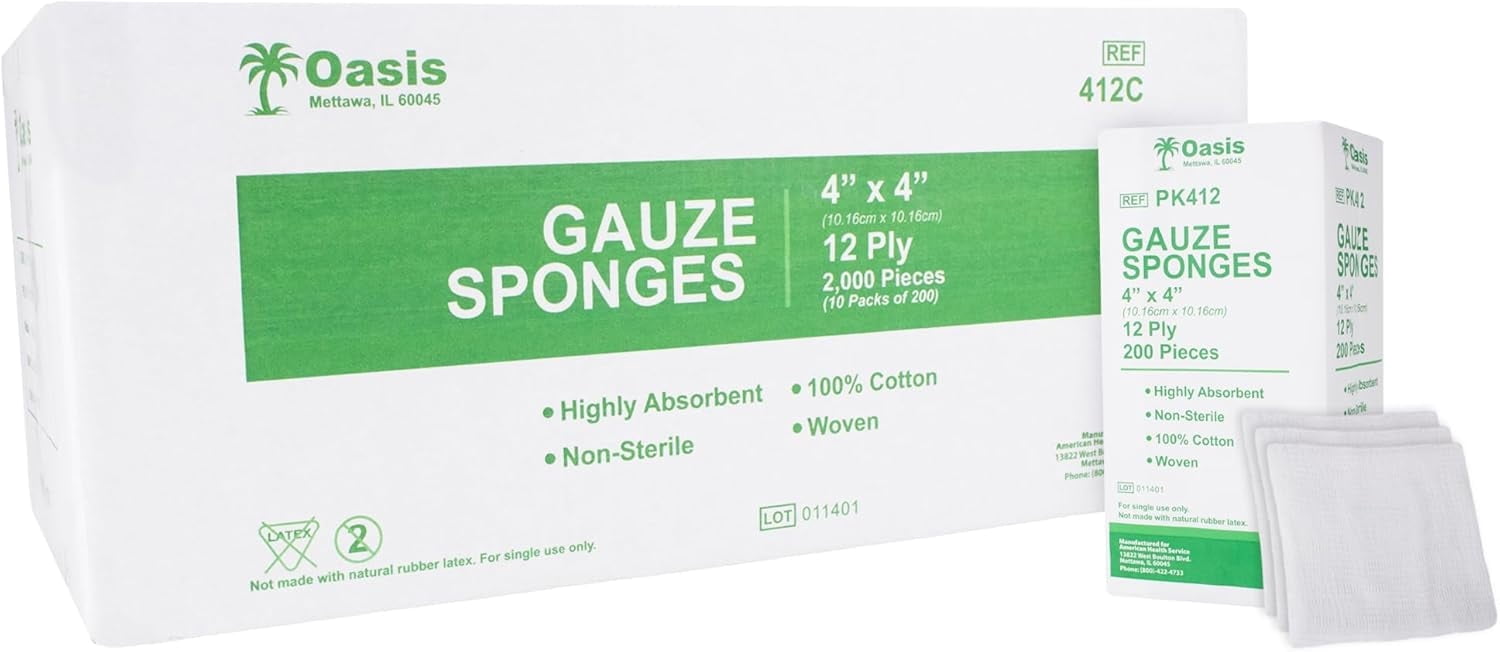 Oasis 4 x 4 inch Gauze Sponges, 100% Cotton, 12-Ply Woven Non-Sterile Gauze, Case of 2000