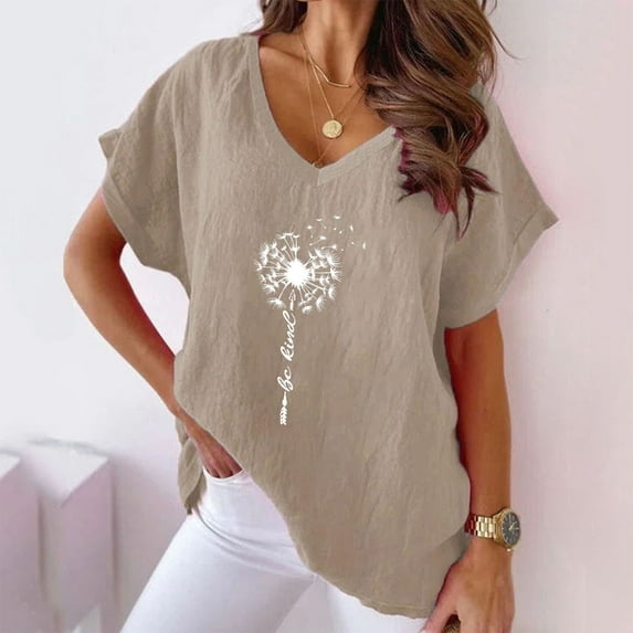 Gauze Tops Women Dandelion Print Women Cotton Linen Tops Causal Summer Short Sleeve Oversized T Shirts V Neck Loose Blouses Khaki