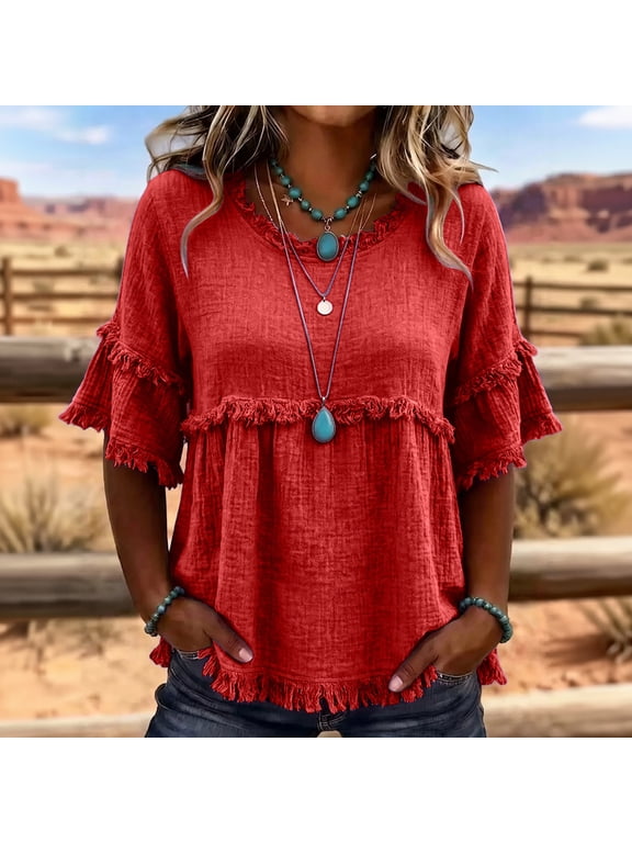 Gauze Tops for Women Summer Ruffle Short Sleeve Flowy Fringe Shirt Lightweight Boho Beach Cotton Linen Blouses