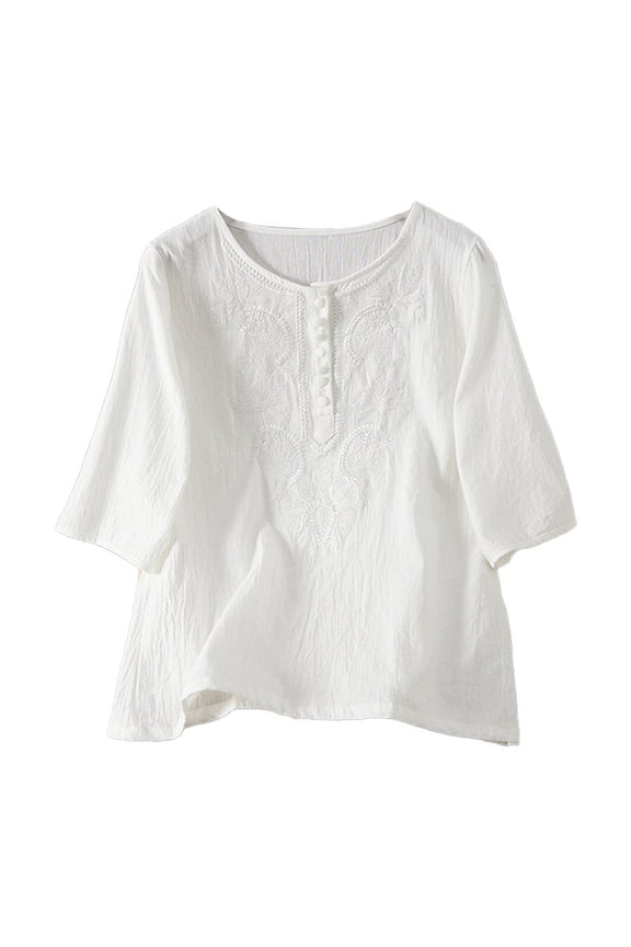 Gauze Tops for Women, Yigetop Women Summer Round Neck Mid-Sleeve Retro Thin Tops Tunic Embroidered Tops Blouse Linen Shirts for Women White XL